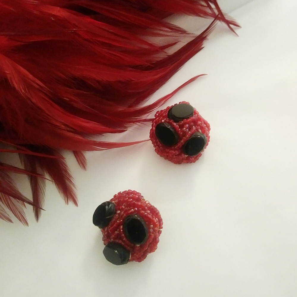 Designer SANDOR ruby Red glass beaded vintage earrings